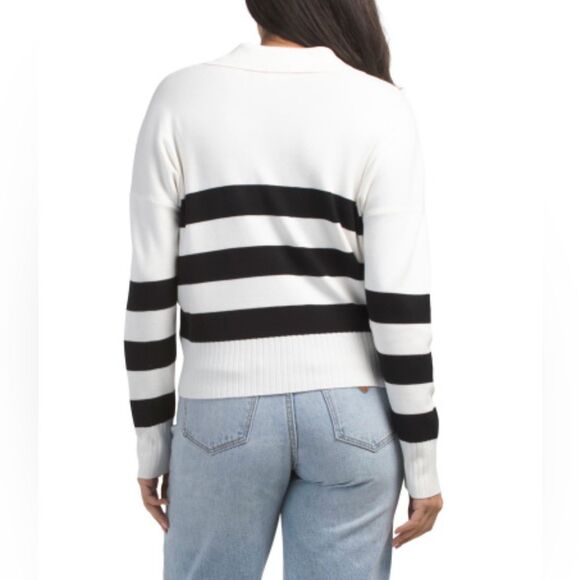 CYRUS XS-L Coconut White Black Stripes Polo Classic Johnny Collar Pullover - Picture 2 of 14